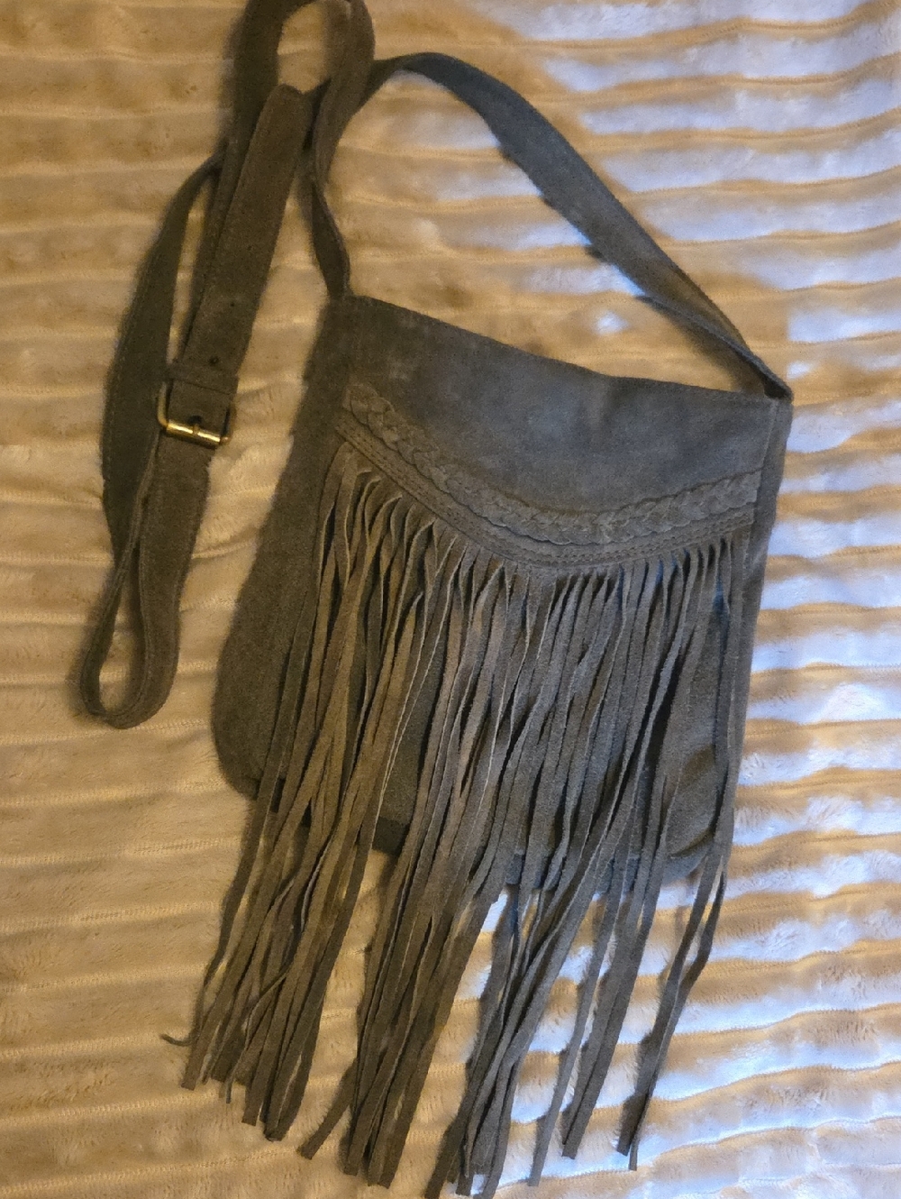 Anthropologie Leather Fringe Crossbody Bag with Blue & Cream Beaded Accent - Picture 7 of 11